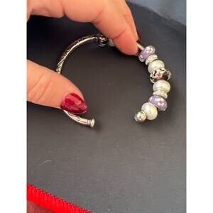 Art Glass Milifiori Charm Bracelet Hinged Bangle Purple Bead Silvertone